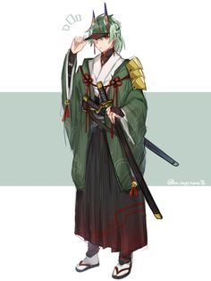 an anime character is holding two swords and wearing a green outfit with horns on his head