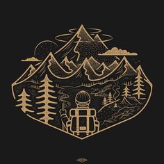 a black and gold illustration with mountains, trees, and a satellite dish in the center