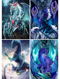 four different pictures of blue and purple dragon in the sky, one with red eyes