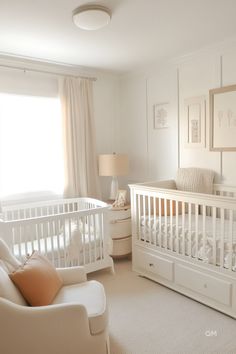 Cozy neutral nursery with mixed wood furniture, cribs, a nursing chair, and elegant beige accents. Perfect Baby Room inspiration for a soothing space. Beige Nursery Ideas, Beige Baby Room, Chic Nursery Ideas, Warm Beige Bedroom, Soothing Nursery, Nursery Theme Ideas, Nursery Ideas Neutral, Beige Bedroom Ideas, Baby Room Decor Neutral