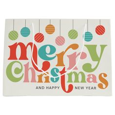 merry christmas and happy new year gift bag with hanging ornaments on white background, front view