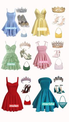 there are many different types of dresses and shoes on this page, all in different colors