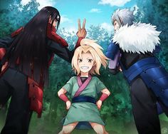 three anime characters are standing in front of some trees and one is holding his hand up