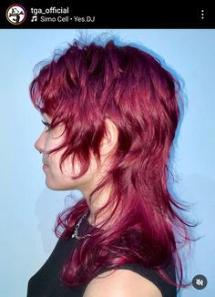 Female Mullet Wavy Hair, Dark Red Mullet, Red Shaggy Hair, Red Mullet Hair, Red Hair Mullet, Long Shag Mullet, 80s Shag, Goth Mullet, Feminine Mullet