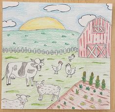 a child's drawing of farm animals in front of a barn