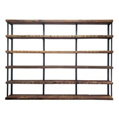 an old wooden shelf with metal bars on the top and bottom, against a white background