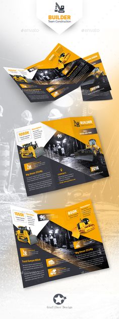 three fold brochures with construction equipment on them