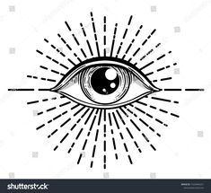 an all seeing eye with rays coming out from the iris, in black and white