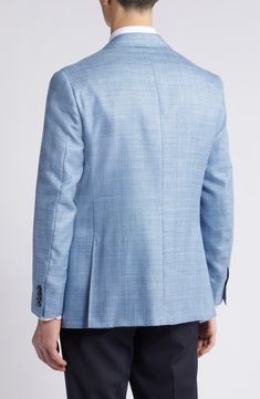 Woven in a mélange of pale blues, this sport coat crafted from wool, silk and linen features traditional detailing and smartly elevates any semiformal look. 30" length (size 54EU) Notched lapels Nonfunctional four-button cuffs Cuff buttons may not be attached. Jackets purchased at full price can have the sleeve length customized for free at your local Nordstrom Chest welt pocket; front flap pockets Lined 68% wool, 20% silk, 12% linen Dry clean Made in Italy Spring Wool Suits With Concealed Placket, Blue Linen Sport Coat For Business, Semi-formal Blue Linen Outerwear, Spring Blue Wool Blazer, Formal Light Blue Long Sleeve Blazer, Light Blue Long Sleeve Business Blazer, Light Blue Long Sleeve Blazer For Formal Occasions, Elegant Light Blue Business Outerwear, Classic Light Blue Outerwear With Notch Lapel