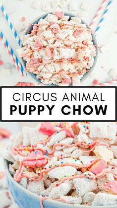 The delectable sweetness of frosted circus animal cookies, pink frosting, and white chocolate mixed with the satisfying crunch of Chex cereal makes this recipe for Circus Animal Puppy Chow a must-make! Whip up this easy dessert recipe for your kids to snack on over winter break today! Animal Cookies Recipe, Circus Animal Cookies, Sweet Chex, Circus Animal Cookie, Deserts Easy, Easy Dessert Recipe, Pink Frosting