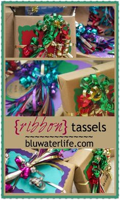 several different pictures of presents wrapped in brown paper with bows and ribbons attached to them