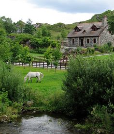 a white horse grazing on grass next to a river in front of a stone house