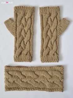 two knitted mittens are shown next to each other