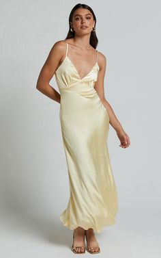 Lorenzia Maxi Dress - Plunge Corset Underbust Detail Satin Dress in Lemon Formal Yellow Dress Long, Waffley Wedded, Peach Satin Dress, Spring Solstice, Plunge Corset, Sisterhood Round, Yellow Satin Dress, Bday Vibes, Garden Wedding Dress Guest