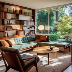 a living room filled with furniture next to a window covered in lots of bookshelves