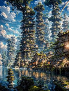 an image of a fantasy city by the water