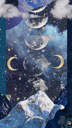 an artistic collage with stars, clouds and moon shapes in the sky above mountains