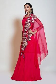 Shop for Smriti by Anju Agarwal Fuchsia Blouse Embellished Cape Lehenga Set for Women Online at Aza Fashions Fitted Pink Palazzo Set For Celebration, Festive Fitted Lehenga With Cape Sleeves, Cape Sleeve Lehenga Blouse, Pink Choli With Cape Sleeves, Cutdana Lehenga With Cape Sleeves, Open Crop Top, Crop Top And Lehenga, Pink Lehenga With Cape Sleeves, Cape Organza