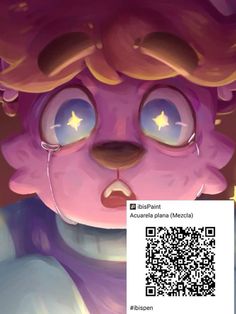 a close up of a cartoon character with a qr code in front of it