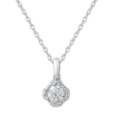 "Complete any outfit with this versatile and timeless diamond solitaire pendant. Its miracle plate setting creates the illusion of larger diamonds. Complete any outfit with this versatile and timeless diamond solitaire pendant. Its miracle plate setting creates the illusion of larger diamonds. Pendant size: 11.5 mm x 6.5 mm Chain length: 18 in. Chain type: rope Metal: 10k white gold Finish: polished Packaging: boxedDIAMOND DETAILS Total weight: 1/4 ct. Shape: round Setting: miracle/illusion Diam Solitaire Pendant Necklace, Solitaire Pendant, Gold Finish, Diamond Solitaire, Chain Lengths, Silver Necklace, Jewelry Necklace Pendant, White Gold, Jewelry Necklaces