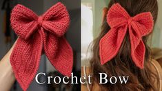 two pictures of the same hair bow, one is red and the other has pink yarn