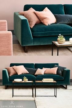 two different couches with pillows on them, one is green and the other is pink