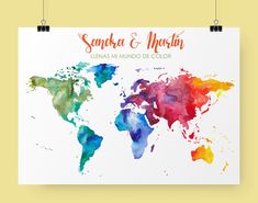 a watercolor world map with the names of countries