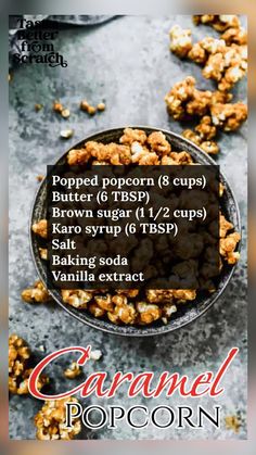 caramel popcorn recipe with text overlay