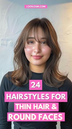 Gorgeous Hair, Guaranteed: 24 Expert-Approved Hairstyles for Thin Hair and Round Faces Brown Hair Round Face Haircut, Hair Cut For Round Face Shape Girl Wavy, Haïr Cut For Women, Haïr Style For Chubby Face, Short Haïr Cut For Round Face, Face Shaping Haircut, Haircut Ideas For Medium Hair Round Face, Bangs Hairstyles For Round Faces, Short Hair Round Face Hairstyles