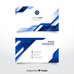 two business card templates with blue and white lines on the front, back and sides