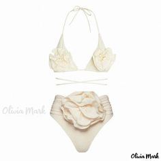 Olivia Mark - Elegant Rosette Applique Ruched Triangle Bikini Set - Fashionable and Flattering Cream Beachwear Swimwear For Summer, Chic Cream Swimwear For The Beach, Elegant Cream Swimwear For Summer, Elegant Cream Swimwear For Spring, Chic Cream Swimwear For Vacation, Cream Swimwear For Summer Pool, Cream Beachwear Swimwear For Spring, Cream Fitted Swimwear For Spring, Fitted Cream Swimwear For Spring