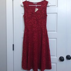 Red Lace Dress Size Small Furnex Brand Elegant Red Fit And Flare Midi Dress, Red Fit And Flare Midi Dress For Evening, Red Fit And Flare Formal Dress, Formal Red Fit And Flare Dress, Red Sleeveless Fit And Flare Midi Dress, Red Fit And Flare Sleeveless Midi Dress, Red Lace Dress, Dresses Red, Red Lace