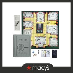 the clue board game is shown with its contents