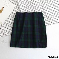 Olivia Mark - Vintage High-Waisted Plaid Skirt with Side Slits - Perfect for Accentuating Curves and Achieving a Chic Collegiate Look Fitted Green School Skirt, Green Fitted Mini Skirt For School, Fitted Green Skirt For School, Fitted Green Mini Skirt For School, Green Lined Skirt Bottoms For School, Green Mini Skirt For School, High Waisted Plaid Skirt, Short Dress Patterns, Wraparound Skirt