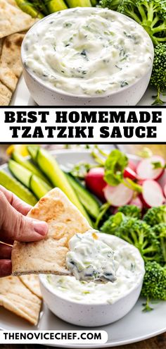 the best homemade tzatz zir sauce is served with pita chips and broccoli