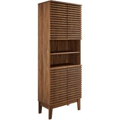 a wooden bookcase with shutters on the front and bottom shelves, against a white background