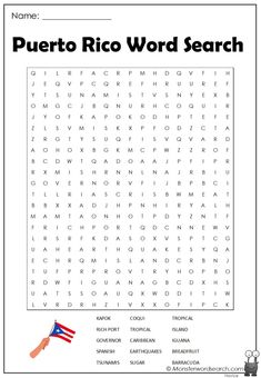 the puerto word search is shown with an american flag on it's left side