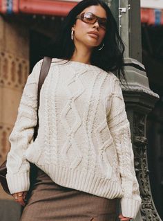 Cable knit sweater 100% polyester Scoop neckline Drop shoulder Relaxed fitting Unlined Fall Clothing Outfits, Beige Cable Knit Sweater, Cozy Oversized Sweaters, Cream Knit Sweater, Clothing Outfits, Fall Clothing, Future Outfit, Knit Sweaters, Oversized Knitted Sweaters