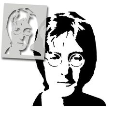 a black and white image of a woman with glasses on her face, next to a stencil of john lennon