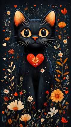 a painting of a black cat with a heart in its mouth surrounded by flowers and butterflies