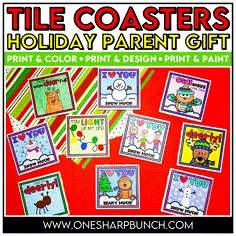 the holiday printables for children to color and paint are displayed on a red background