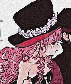 a drawing of two people dressed in black and pink hats, one wearing a hat with flowers on it