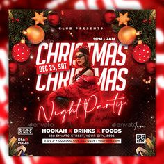 a christmas party flyer with a woman in red dress on the front and side of it