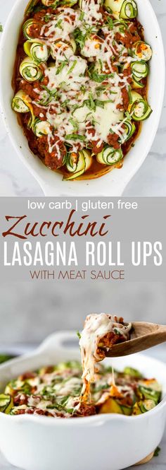 zucchini lasagna rolls with meat sauce in a white bowl and on a plate