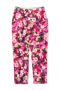 Current Boutique-Kate Spade - Pink Floral Print Tapered Trousers Sz 00 Chic Rose Print Bottoms For Spring, Chic Spring Bottoms With Rose Print, Trendy Floral Print Ankle-length Bottoms, Trendy Floral Print Ankle-length Pants, Trendy Ankle-length Floral Print Bottoms, Stretch Ankle-length Floral Print Pants, Summer Floral Print Tapered Leg Bottoms, Workwear Floral Print Tapered Leg Pants, Pink Floral Print Pants For Work