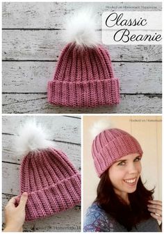 a woman wearing a pink knitted hat with white pom - pom