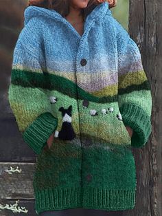 Green Cozy Acrylic Outerwear, Warm Cozy Multicolor Outerwear, Multicolor Hooded Sweater For Winter, Warm Multicolor Winter Sweater, Multicolor Knitted Hooded Sweater, Hooded Multicolor Winter Cardigan, Cozy Multicolor Hooded Cardigan, Cozy Multicolor Hooded Sweater, Multicolor Knitted Sweater Coat For Winter