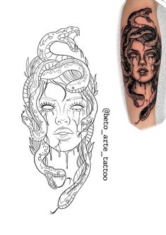 a woman's face with snakes on her arm and another drawing in the background