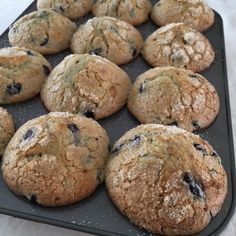 freshly baked blueberry muffins on a baking tray