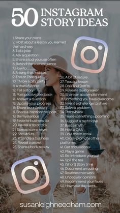 a woman standing in a field with the words 50 instagramm story ideas on it